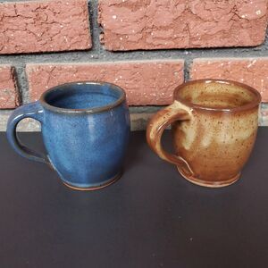 Jugtown Ware Coffee Mug Set of 2 Brown Blue Small 3.5" Tall Vintage Pottery 2004